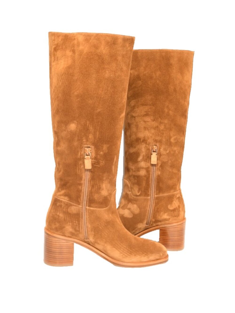 $850 STUART WEITZMAN FINN KNEE HIGH BOOT BLOCK SUEDE SADDLE 9 B (PD5) - Picture 5 of 8
